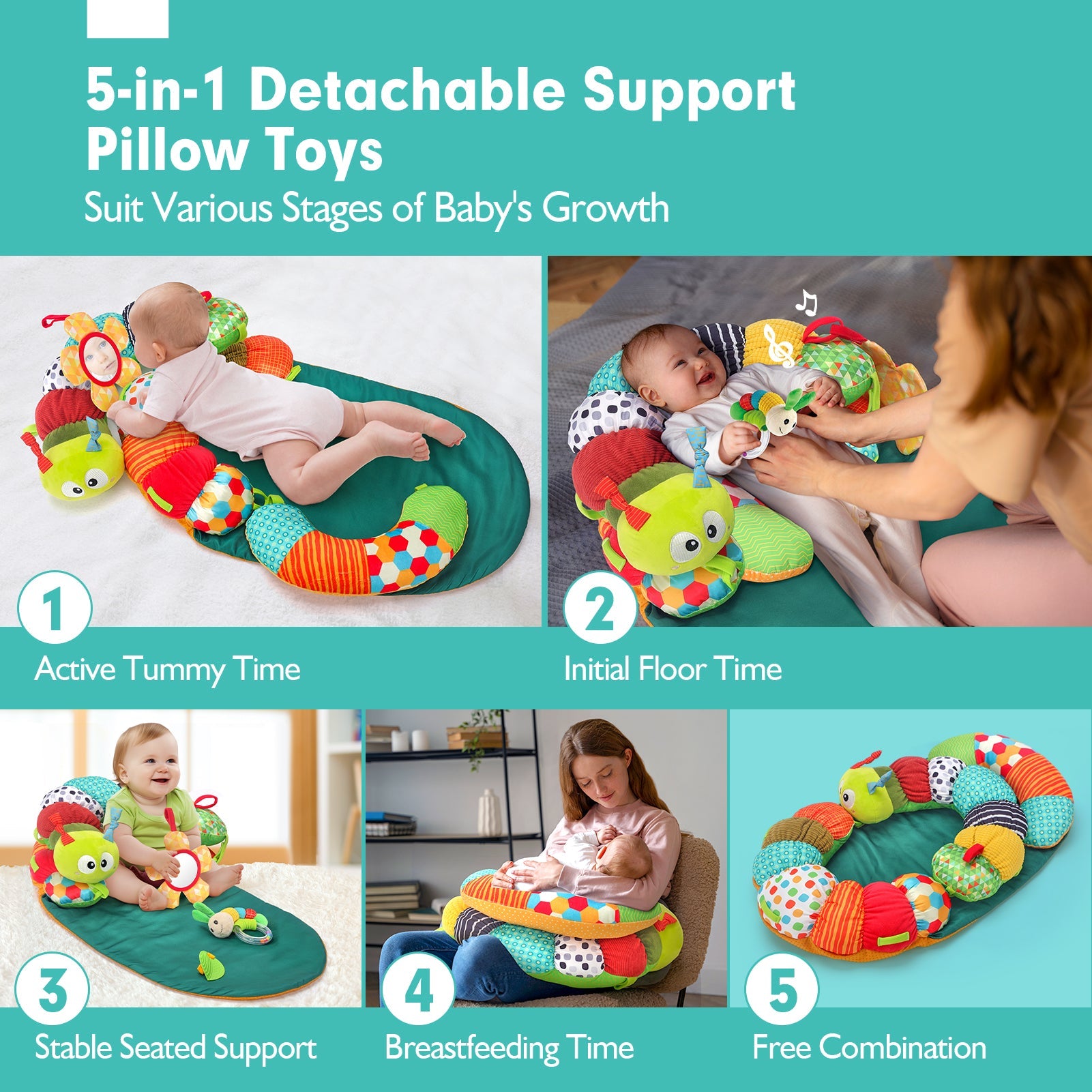 3-in-1 Baby Play Mat with Tummy Time Support and Engaging Toys – Soft Non-Slip Caterpillar Design for Sensory Development 1