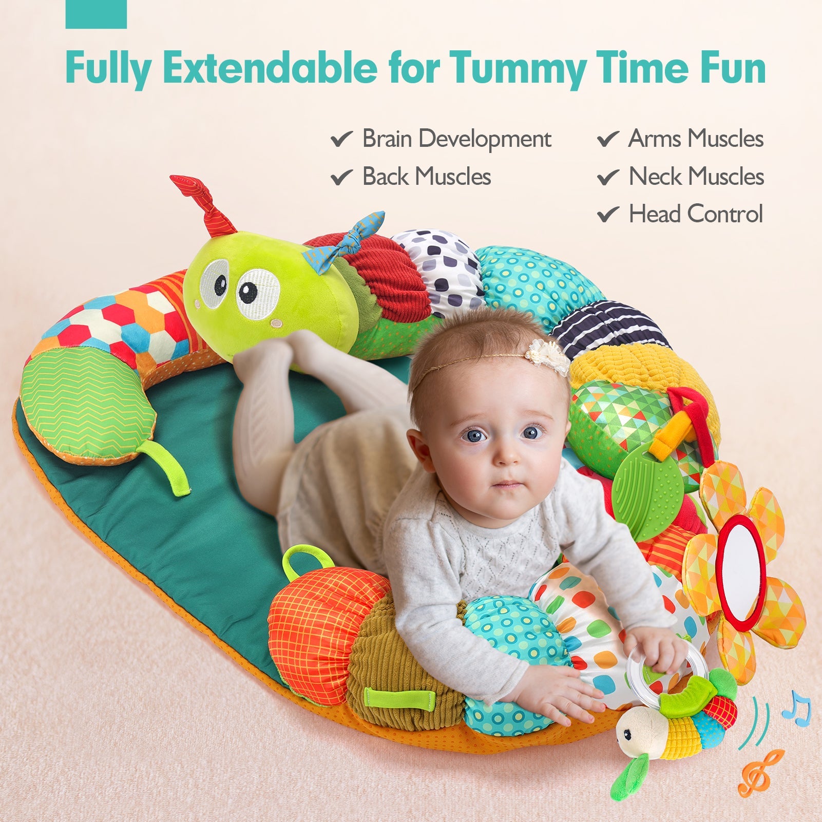 3-in-1 Baby Play Mat with Tummy Time Support and Engaging Toys – Soft Non-Slip Caterpillar Design for Sensory Development 2