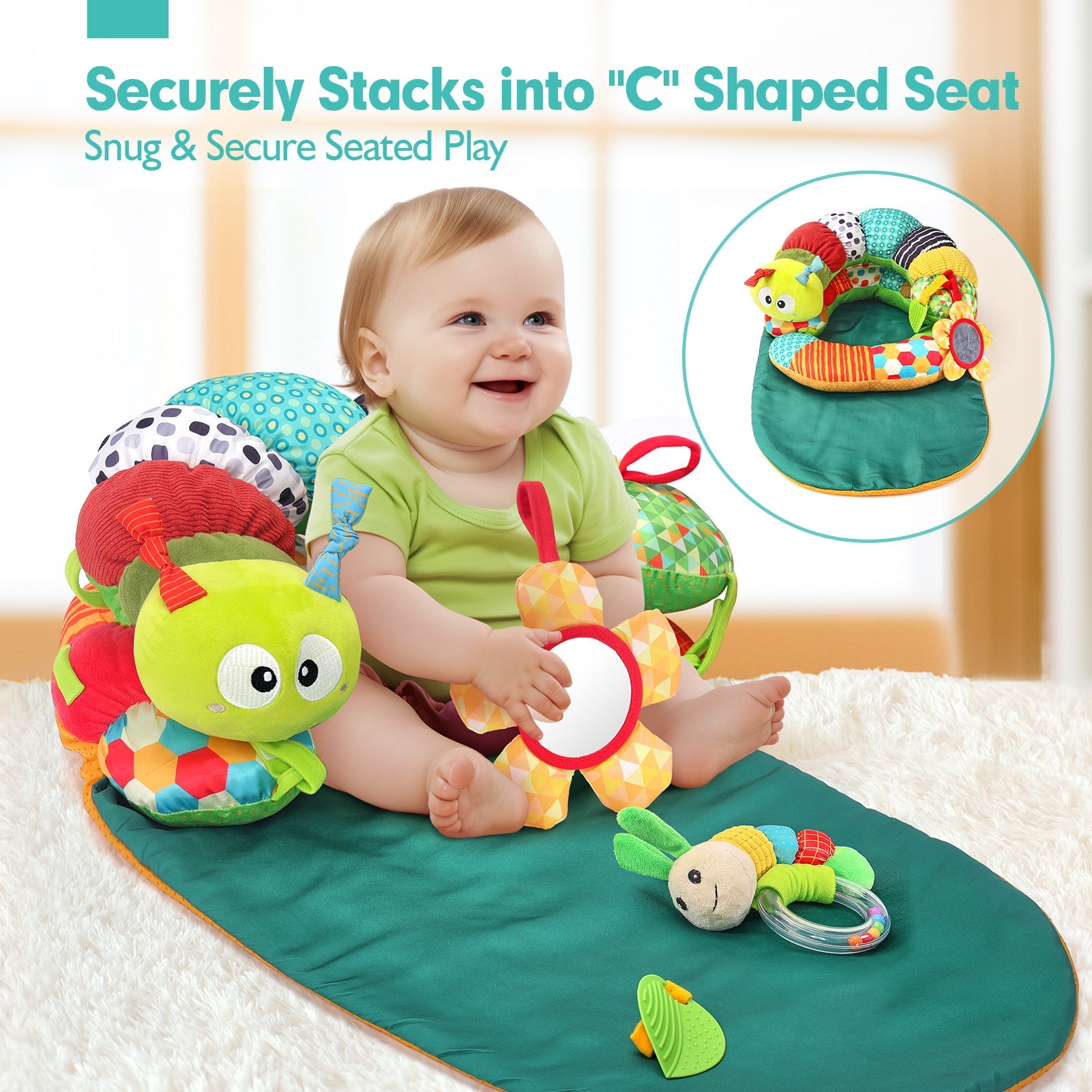 3-in-1 Baby Play Mat with Tummy Time Support and Engaging Toys – Soft Non-Slip Caterpillar Design for Sensory Development 3