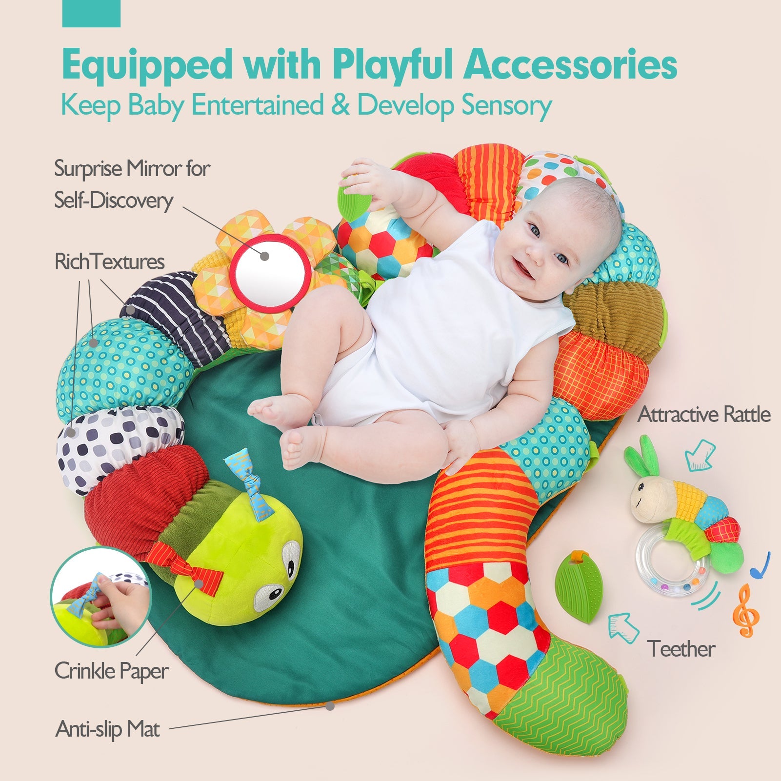 3-in-1 Baby Play Mat with Tummy Time Support and Engaging Toys – Soft Non-Slip Caterpillar Design for Sensory Development 4
