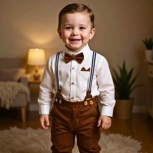 Boys 3-Piece Formal Bow Tie Set – Cotton Shirt, Suspender Pants, Long Sleeve, Ideal for Weddings and Special Occasions 0