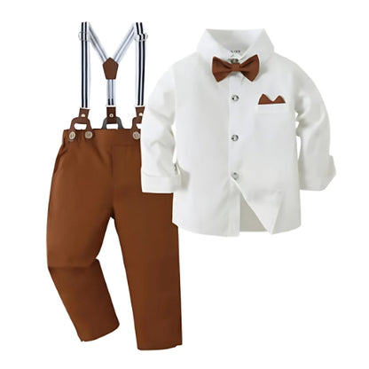 Boys 3-Piece Formal Bow Tie Set – Cotton Shirt, Suspender Pants, Long Sleeve, Ideal for Weddings and Special Occasions 1