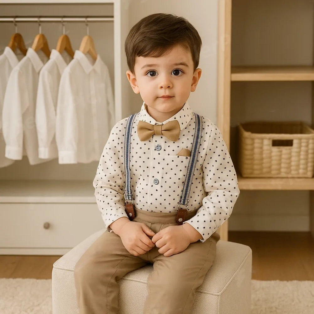 Boys 3-Piece Formal Bow Tie Set – Cotton Shirt, Suspender Pants, Long Sleeve, Ideal for Weddings and Special Occasions 3