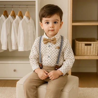 Boys 3-Piece Formal Bow Tie Set – Cotton Shirt, Suspender Pants, Long Sleeve, Ideal for Weddings and Special Occasions 3