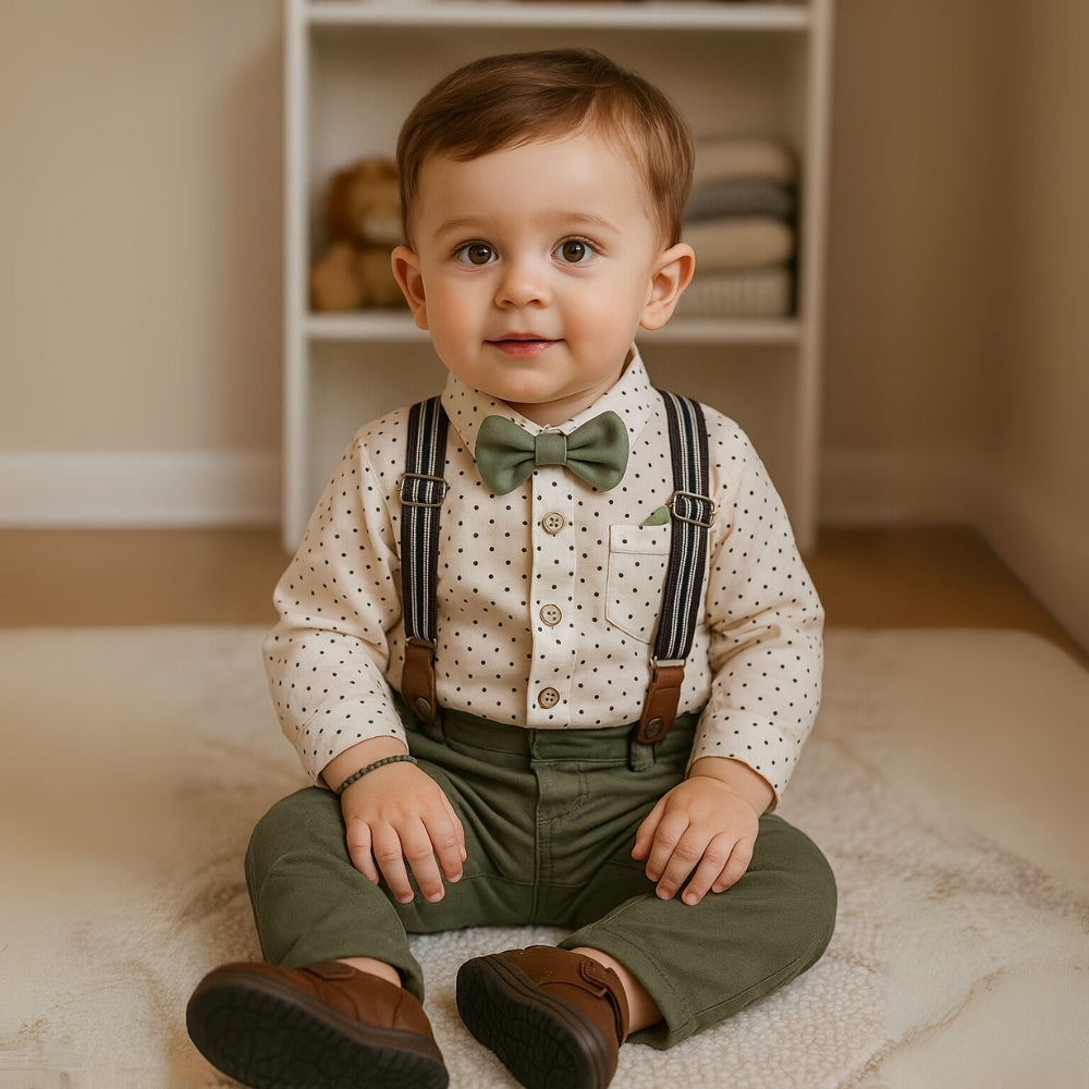 Boys 3-Piece Formal Bow Tie Set – Cotton Shirt, Suspender Pants, Long Sleeve, Ideal for Weddings and Special Occasions 5