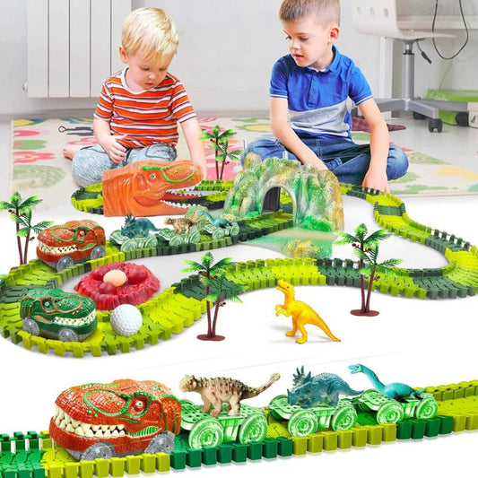 Dinosaur Race Track Toy Set with Illuminating Cars – Educational Building Toy for Kids Aged 3-6, Includes Realistic Dinosaur Figures 3